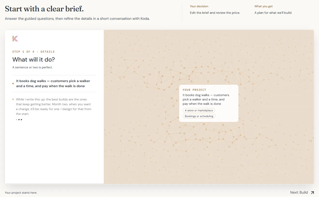 Komatik's guided brief, with a one-line dog-walking app idea shaping into a project