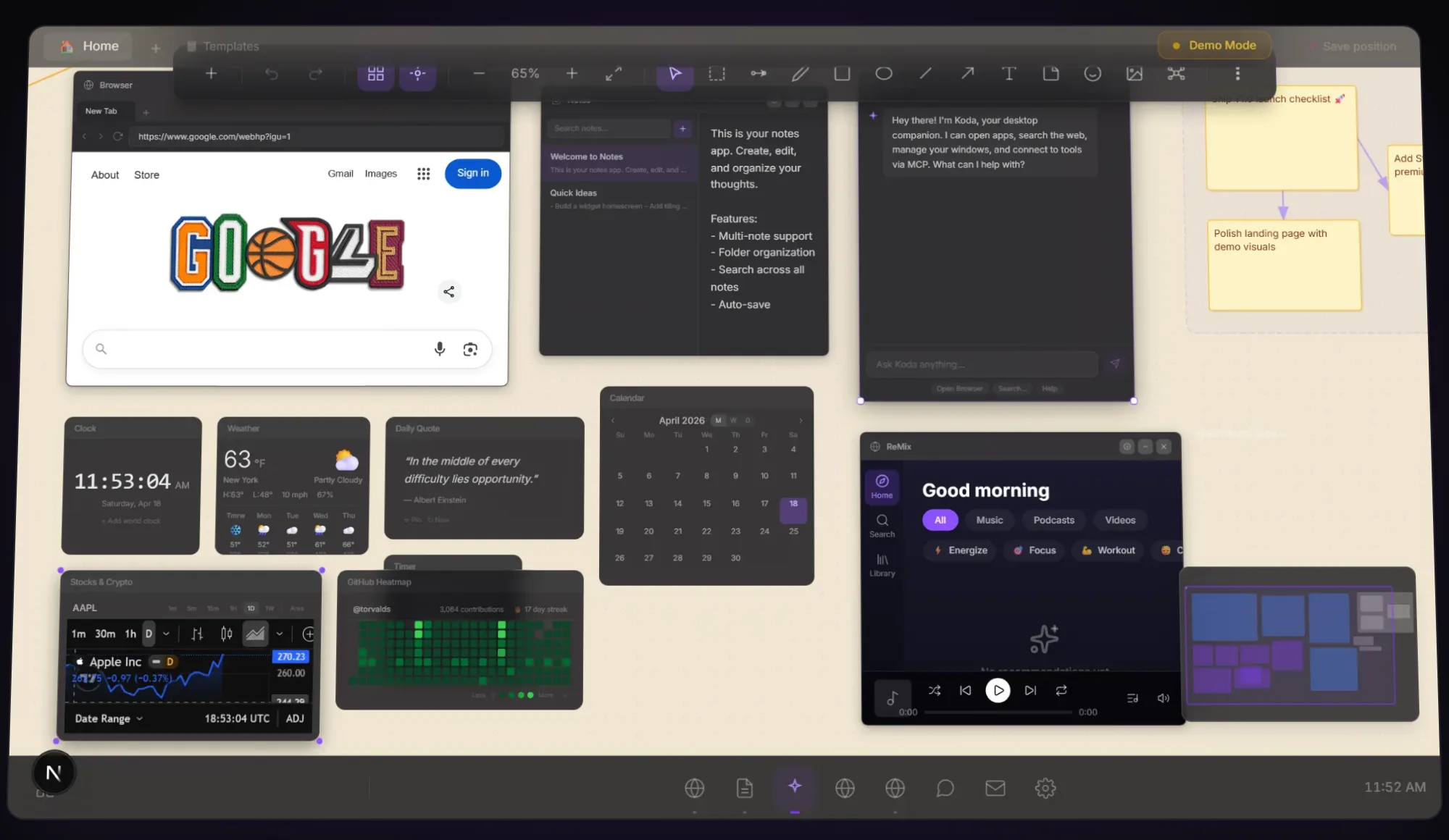 Lodge demo canvas with a browser, notes, Koda, widgets and a music player