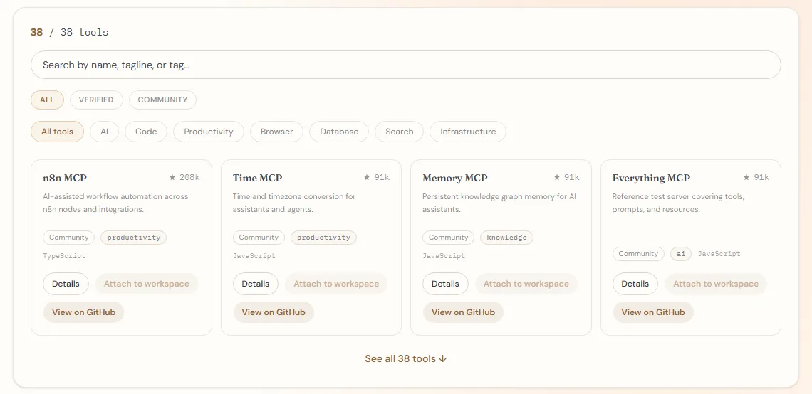 Pack's tool catalog with search, filters and MCP tool cards