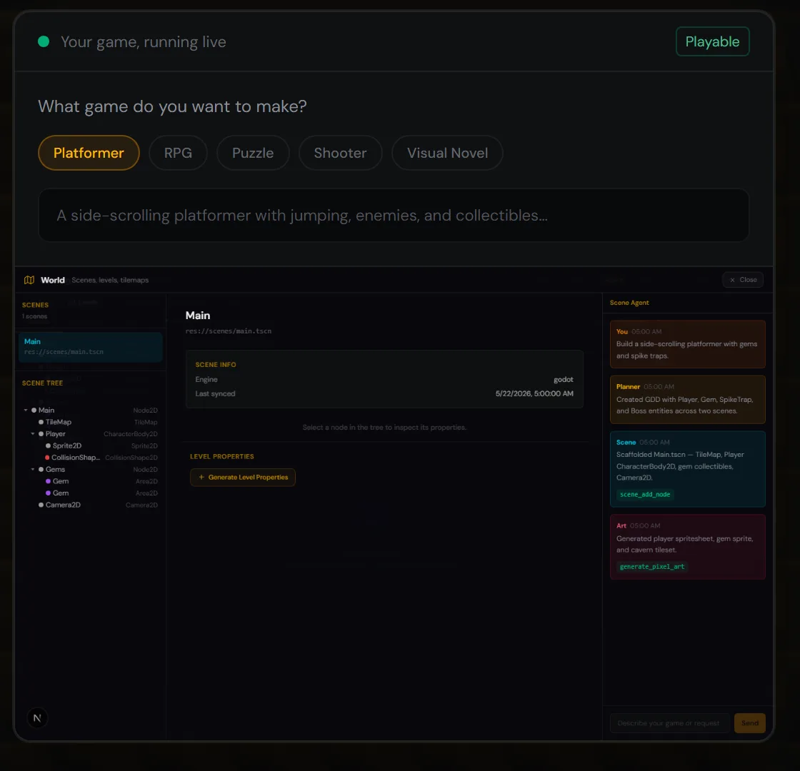 Sundog studio with a game prompt, scene tree and agent log